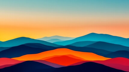 Wall Mural - Vibrant Mountain Ranges at Sunset: A mesmerizing abstract landscape with layers of blue, orange, and red mountains, bathed in the golden glow of a setting sun, evoke a sense of tranquility and awe. 