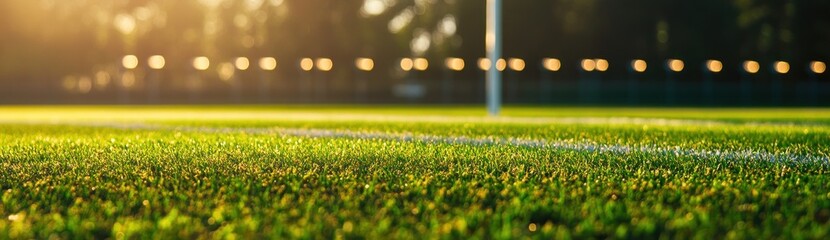 Poster - A close-up view of a well-maintained grass field with goalposts, illuminated by soft lighting.