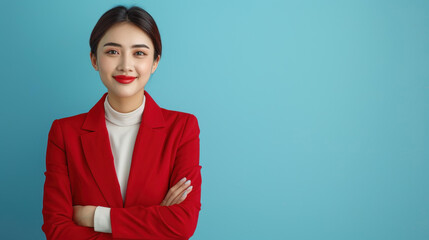 Wall Mural - A cheerful young Asian woman smiles brightly in the studio, her joyful spirit captured in this vibrant moment.