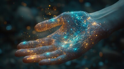 Poster - Futuristic hand glowing with digital energy technology lab concept art sci-fi environment close-up view innovation