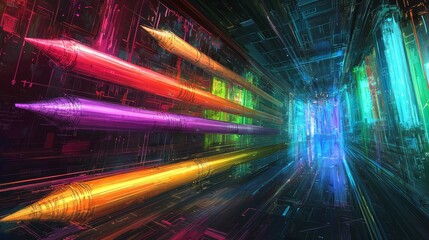Fototapete - Dynamic digital art showcase virtual gallery graphic design neon colors futuristic perspective creative inspiration
