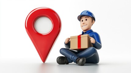 Poster - A delivery worker sits with a package next to a location pin icon, symbolizing logistics.
