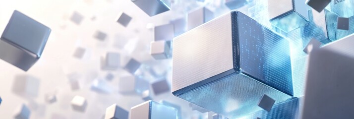 Poster - Abstract representation of digital cubes floating in a futuristic space.