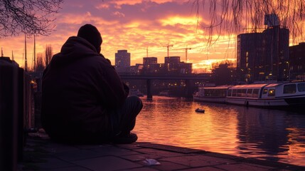 Fototapete - A person sits by a river at sunset, reflecting on the vibrant sky and calm waters.