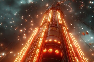 Poster - A towering structure illuminated by bright lights amidst a night sky filled with sparks.