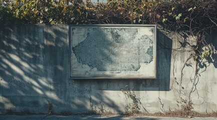 Poster - A weathered map displayed on a concrete wall, surrounded by foliage.