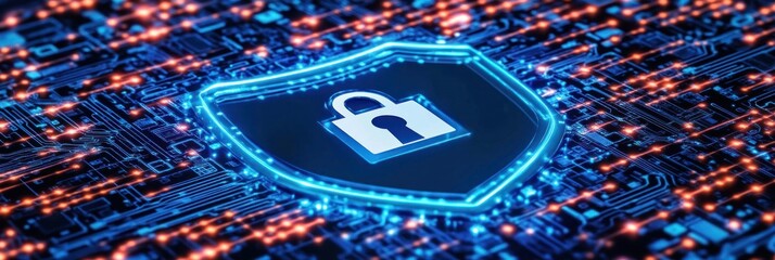 Poster - A digital shield symbolizing cybersecurity over a circuit board background.