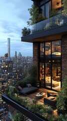 Aufkleber - Luxurious city apartment balcony with stunning cityscape views at dusk.