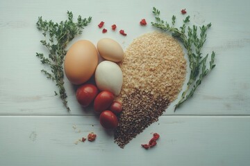 Sticker - A heart-shaped arrangement of eggs, tomatoes, rice, and herbs, symbolizing love for food.