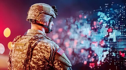 Poster - Soldier in Tactical Gear Analyzing Data Visualization Display with Red and Blue Light Effects in a Modern Military Context
