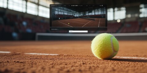 Poster - A tennis ball on a clay court with a digital display showing match analysis.