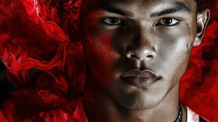 Aufkleber - A close-up portrait of a young man against a dramatic red and black background.