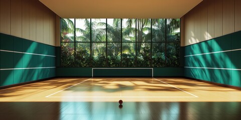 Poster - A serene indoor sports court with tropical views and a single ball on the floor.