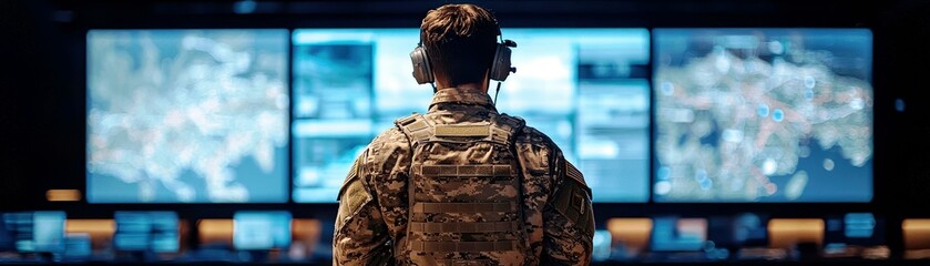 Poster - Military Personnel in Headphones Monitoring High-Tech Command Center with Multiple Screens Displaying Maps and Data for Strategic Operations