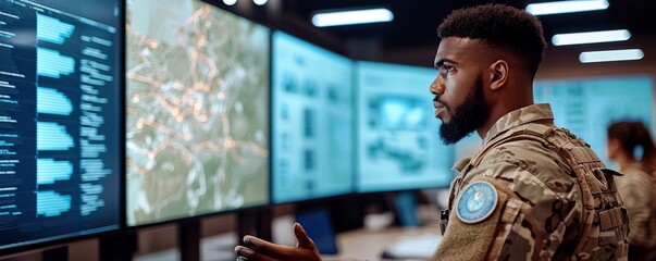 Poster - Soldier Analyzing Data on High-Tech Monitors in Modern Command Center with Detailed Graphics and Military Operation Maps