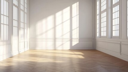 Aufkleber - A bright, empty room with large windows casting shadows on the wooden floor.