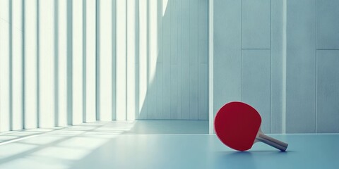 Poster - A red ping pong paddle rests on a smooth surface with light streaming through vertical slats.