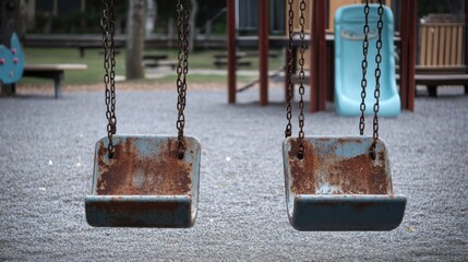 Poster - An empty playground with rusted swings and faded colors representing the impact of poverty on children鈥檚 play, emphasizing the neglect and lack of resources, minimalist composition