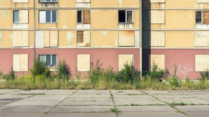 Poster - An empty public housing complex with boarded-up windows and overgrown weeds, symbolizing the impact of systemic neglect and poverty, minimalist composition