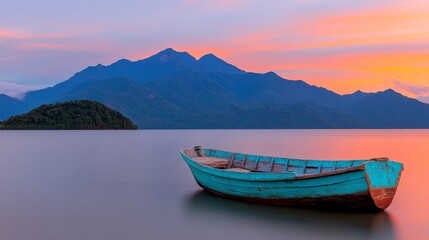 Wall Mural - Tranquil Sunset Serenity: A weathered teal boat rests serenely on a calm lake, mountains silhouetted against a vibrant sunset sky.  A scene of peaceful solitude and natural beauty. 