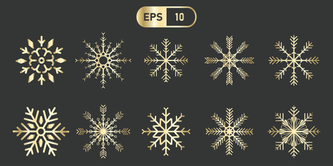 Poster - Golden snowflake icons set against dark background, showcasing intricate designs and elegance. Perfect for winter themed projects and festive decorations. Includes EPS 10 format