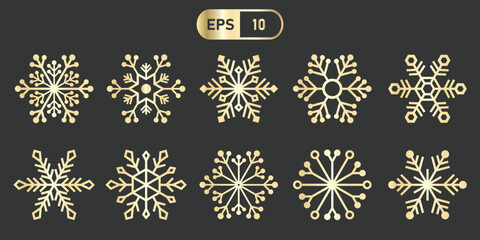 Poster - Elegant gold snowflake icons on dark background, showcasing intricate designs. Perfect for winter themed projects and festive decorations, these vector illustrations offer touch of