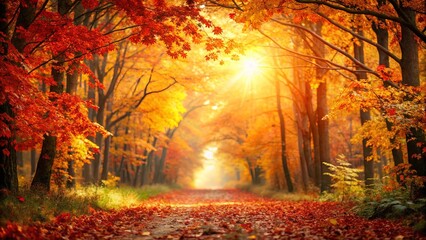  Autumnal Path Through a Sunlit Forest of Vibrant Red and Gold Leaves