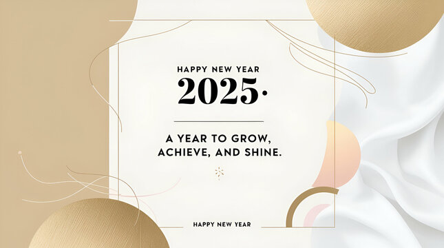 A minimalist Happy New Year 2025 design with soft white and pastel gold tones, featuring the quote '2025: A Year to Grow, Achieve, and Shine