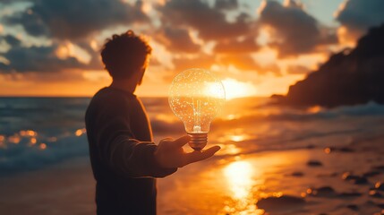Aufkleber - Man holds glowing lightbulb at sunset beach, symbolizing inspiration and innovation.