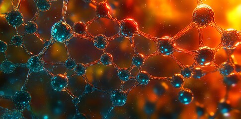 Aufkleber - Microscopic abstract image of interconnected spheres, resembling a molecular structure or network, with vibrant orange and teal color tones.