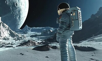 Wall Mural - Astronaut Exploring Moon’s Surface at Lunar Base with ai generated.  
