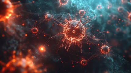Poster - Microscopic view of virus particles in vibrant red and blue hues, illustrating a viral infection.