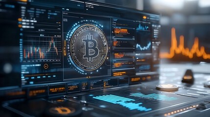 Fototapete - Futuristic cryptocurrency trading platform interface with intricate holographic Bitcoin price charts hard light illuminating dynamic data visualization and advanced financial analytics tools