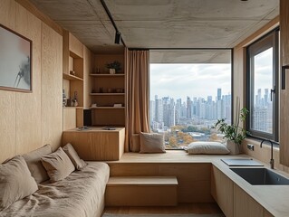 Wall Mural - Minimalist apartment interior with city view, wood features, and built-in seating.