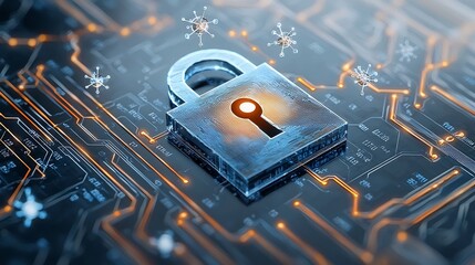 Poster - Holographic lock symbol with floating qubits illustrating the concept of secure quantum data encryption and cybersecurity  Futuristic technology design for digital protection network security