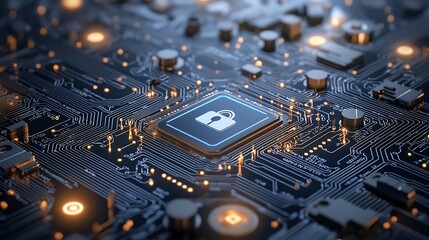 Fototapete - Quantum circuitry with lock and key icons highlighting the of quantum computing technology with secure data encryption solutions
