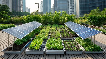 Aufkleber - Eco Friendly Rooftop Garden with Solar Panels Showcasing Sustainable Architecture and Climate Conscious Design in a Modern Urban Setting