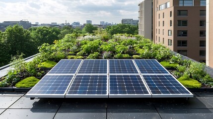 Poster - An eco friendly high rise building featuring a lush rooftop garden and solar panels highlighting the of renewable energy and urban greenery in sustainable architectural design