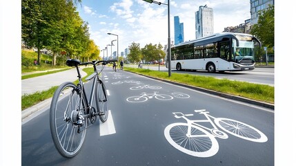 Poster - Sustainable urban design concept featuring an electric bus traveling along a dedicated bicycle commuting lane lined with solar powered streetlights