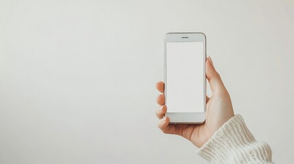 Poster - woman hand holding a white screen smart phone on white background