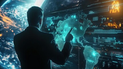 Canvas Print - Businessman Interacting with Holographic Interface to Analyze Global Data Trends and Geographic Information in a High-Tech Environment