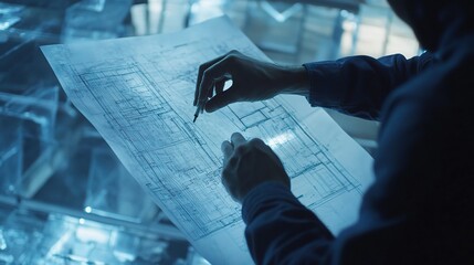 Fototapete - Engineer Analyzing Construction Plans at a Site with Detailed Blueprints in Hand, Illuminated by Soft Glows in the Background