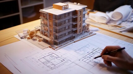 Poster - Collaborative Teamwork in Architecture and Engineering: Professionals in a Design Meeting with a Building Model and Plans on a Table