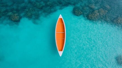 Wall Mural - Serene Escape: An orange canoe floats serenely on a vibrant turquoise sea, surrounded by tranquil coral reefs. An aerial perspective captures the peaceful solitude and beauty of nature. 