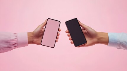 Poster - Two hands holding smartphones with blank screens facing each other on a pink background.
