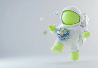 Aufkleber - A green astronaut holding the Earth, surrounded by icons representing various concepts.