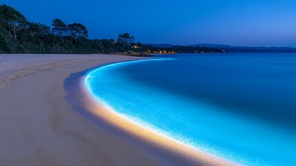 Poster - Blue Hour on the Beach:  A mesmerizing scene of bioluminescent waves illuminating the shoreline at dusk, creating an ethereal glow against the backdrop of a tranquil ocean.