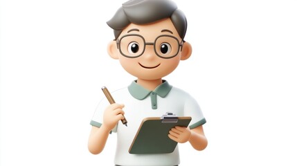 Aufkleber - A cheerful cartoon boy holding a clipboard and pen, ready to take notes.