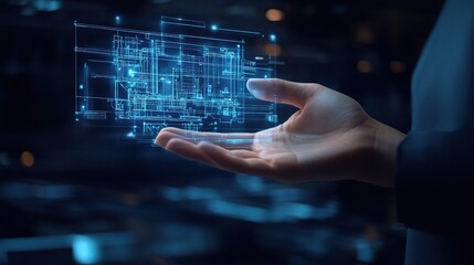Poster - Business Engineer Holding a Construction Drawing in Hand with Transparent Digital Visualizations Displayed Above Palm in a Futuristic Environment