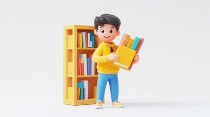 Poster - A cheerful character holding books next to a bookshelf, emphasizing reading and learning.